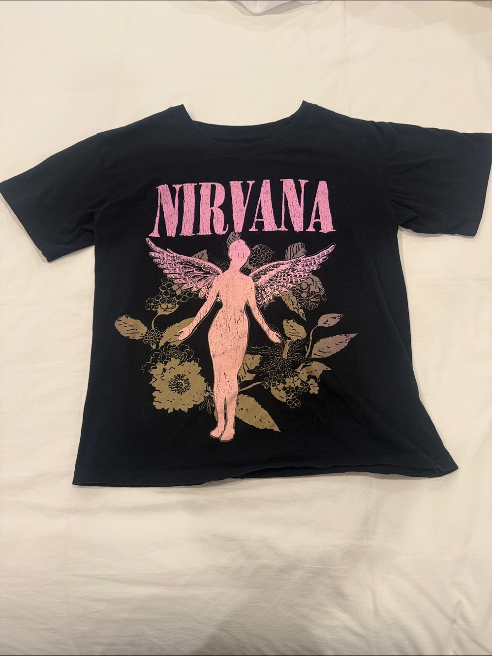 NIRVANA Black Tee with Pink Angel and Gold Floral Motif